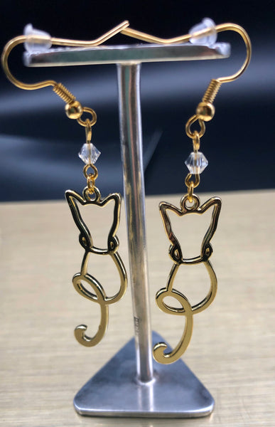 Cat Earrings Gold Plated Cat and Swarovski Crystal